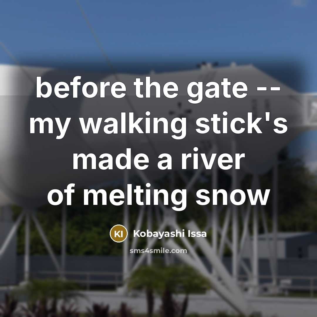 “before the gate -- my walking stick's made a river…” quote by Kobayashi Issa