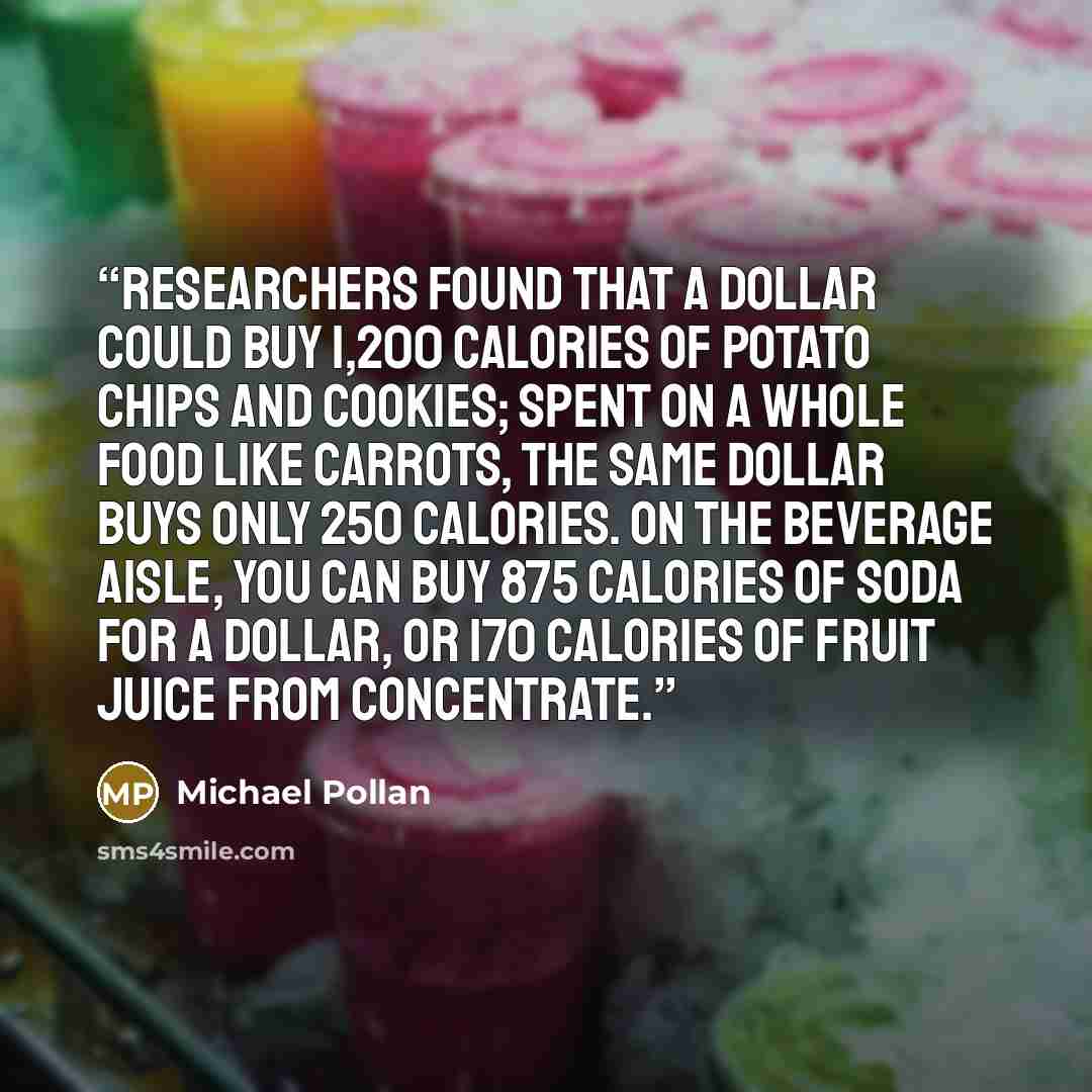 “researchers found that a dollar could buy 1,200 calories of potato chips and cookies; spent on a whole food like carrots, the same dollar buys only 250 calories. On the beverage aisle, you can buy 875 calories of soda for a dollar, or 170 calories of fruit juice from concentrate.” quote by Michael Pollan