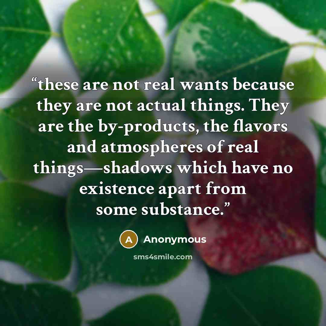 “these are not real wants because they are not actual things. They are the by-products, the flavors and atmospheres of real things—shadows which have no existence apart from some substance.” quote by Anonymous
