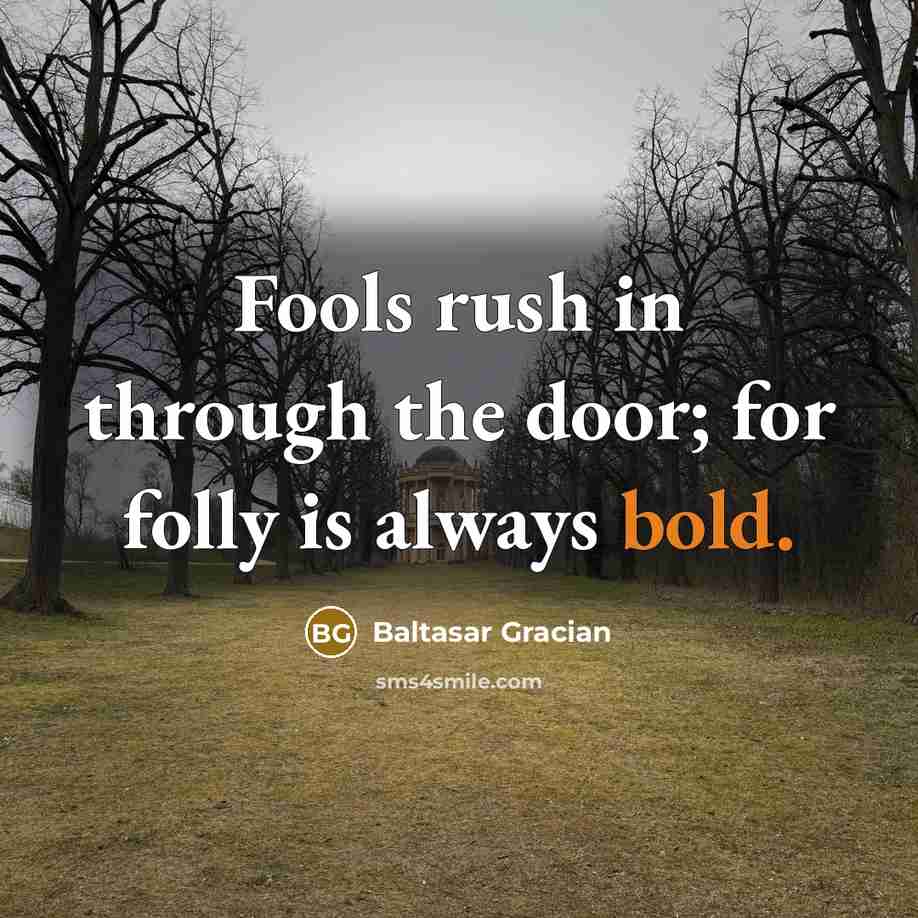 “Fools rush in through the door; for folly is always…” quote by Baltasar Gracian