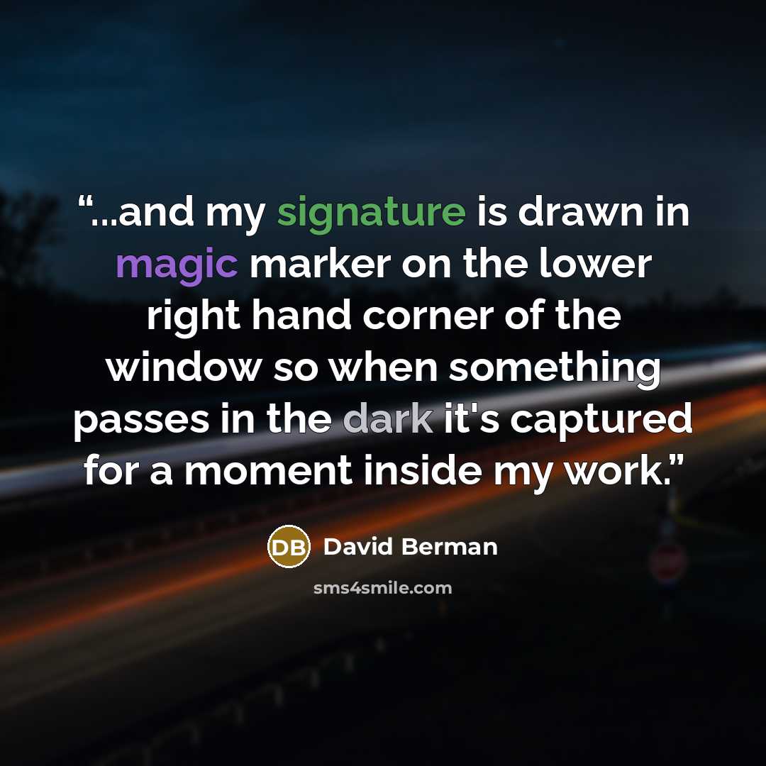 “...and my signature is drawn in magic marker on the lower right hand corner of the window so when something passes in the dark it's captured for a moment inside my work.” quote by David Berman