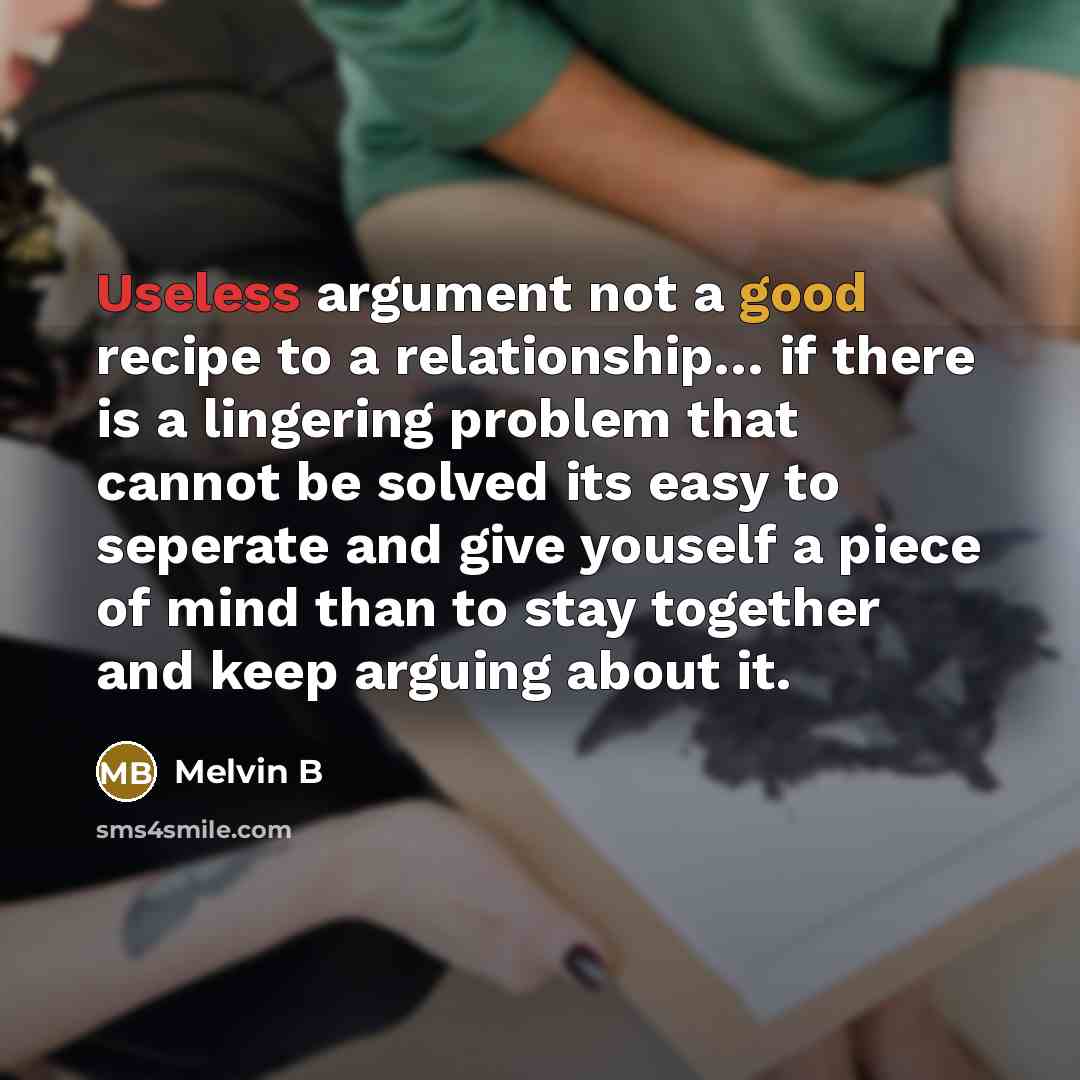 “Useless argument not a good recipe to a relationship… if there is a lingering problem that cannot be solved its easy to seperate and give youself a piece of mind than to stay together and keep arguing about it.” quote by Melvin B