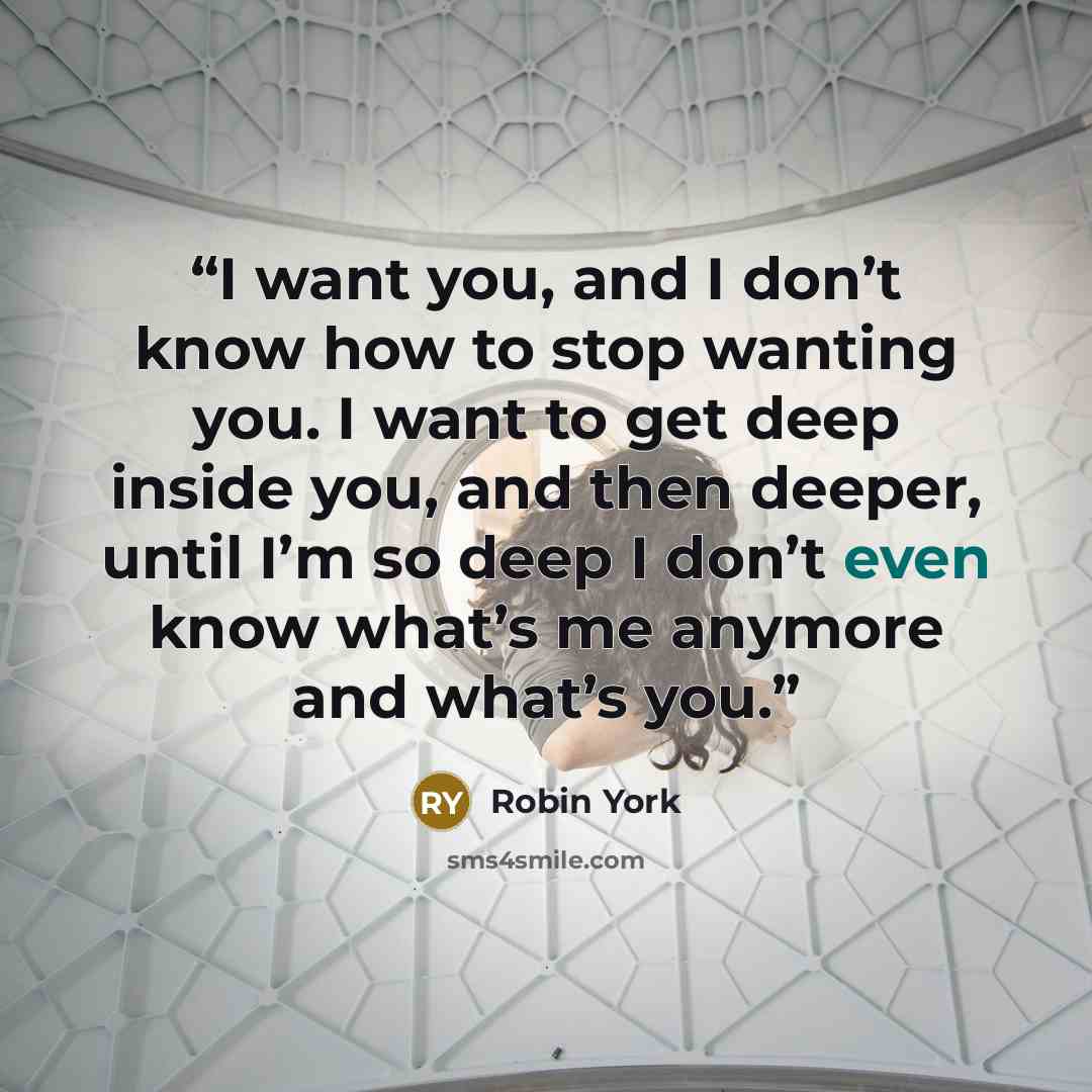 “I want you, and I don’t know how to stop wanting you. I want to get deep inside you, and then deeper, until I’m so deep I don’t even know what’s me anymore and what’s you.” quote by Robin York