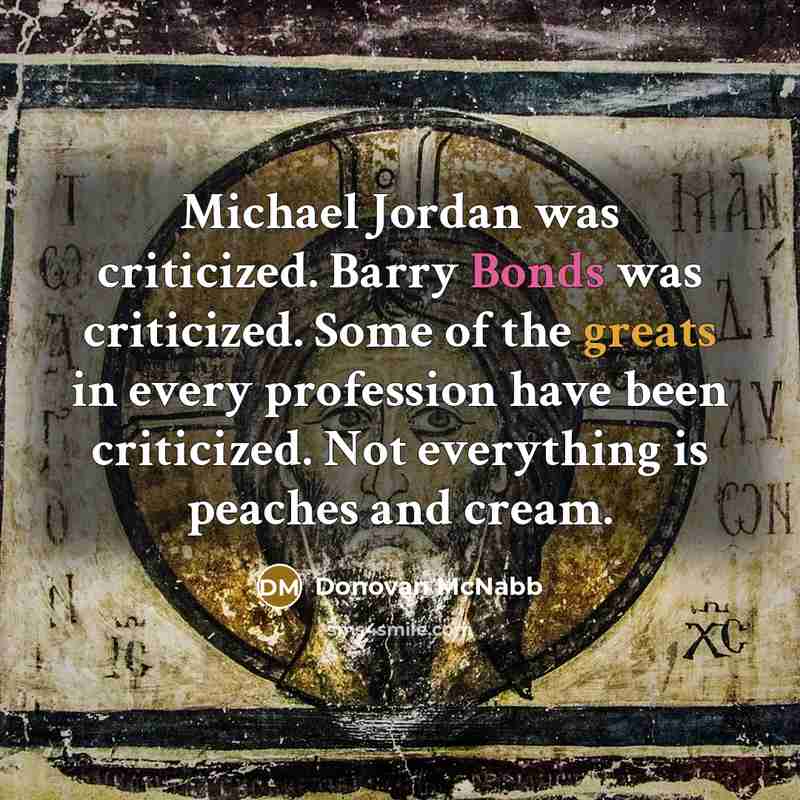 “Michael Jordan was criticized. Barry Bonds was criticized. Some of the greats in every profession have been criticized. Not everything is peaches and cream.” quote by Donovan McNabb