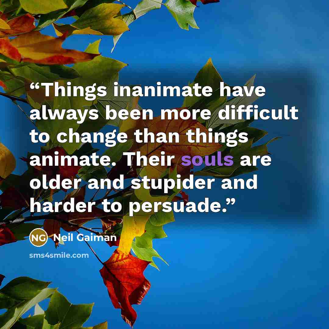 “Things inanimate have always been more difficult to change than things animate. Their souls are older and stupider and harder to persuade.” quote by Neil Gaiman