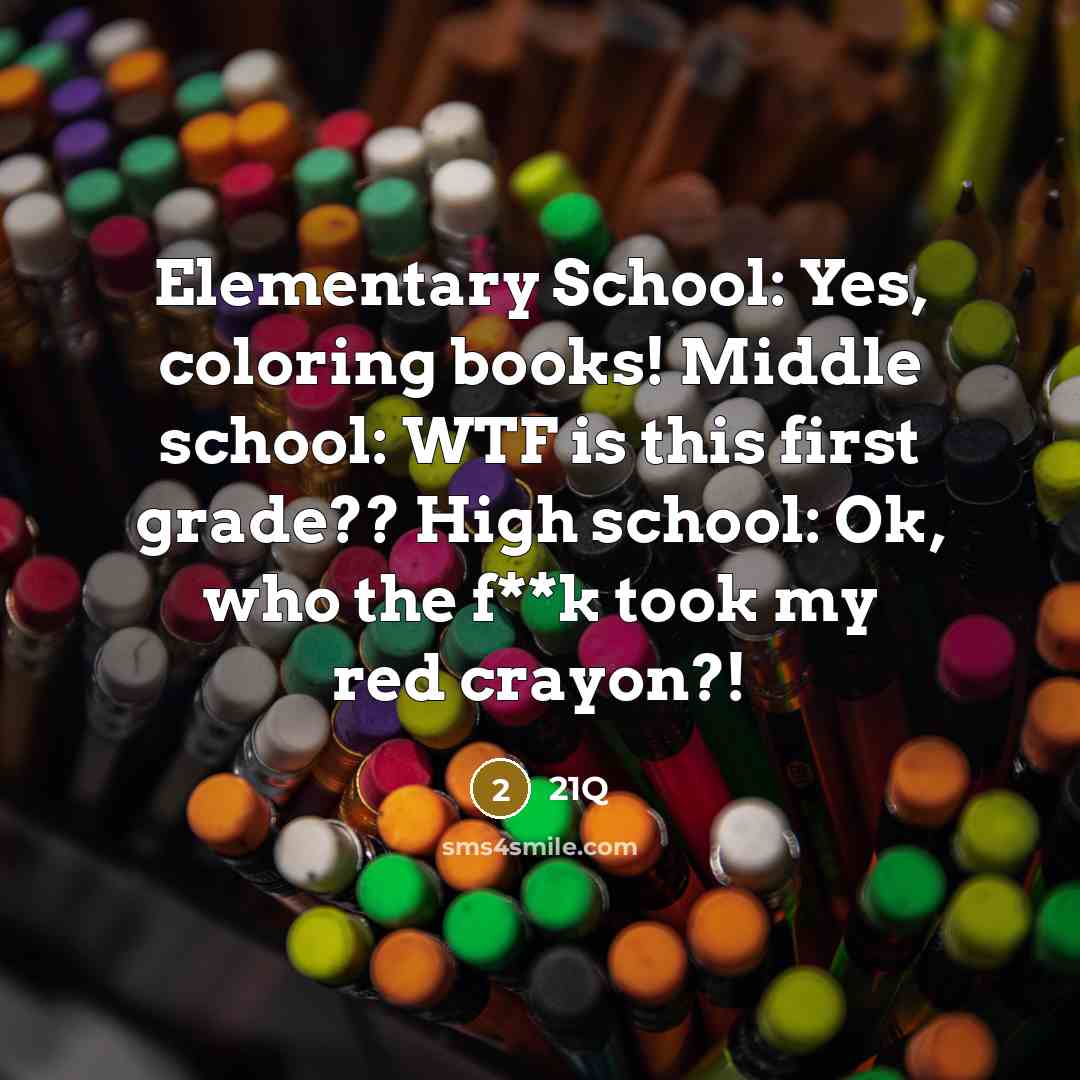 “Elementary School: Yes, coloring books! Middle school: WTF is this…” quote by 21Q
