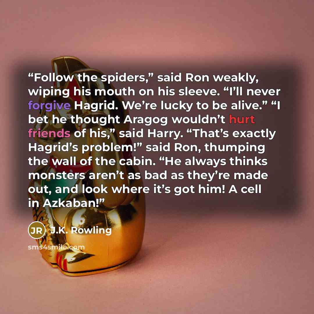 “Follow the spiders,” said Ron weakly, wiping his mouth on his sleeve. “I’ll never forgive Hagrid. We’re lucky to be alive.” “I bet he thought Aragog wouldn’t hurt friends of his,” said Harry. “That’s exactly Hagrid’s problem!” said Ron, thumping the wall of the cabin. “He always thinks monsters…” quote by J.K. Rowling