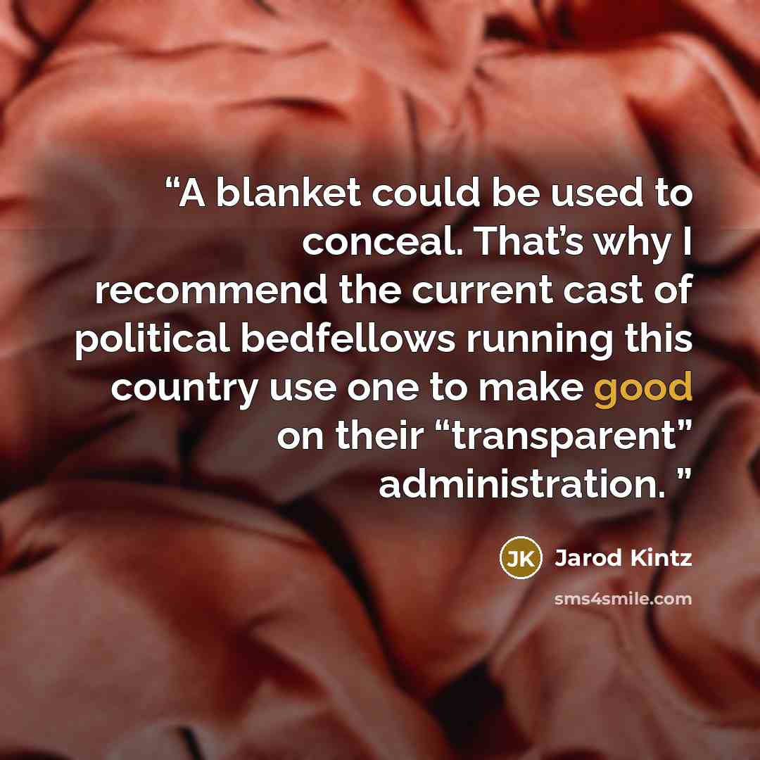 “A blanket could be used to conceal. That’s why I recommend the current cast of political bedfellows running this country use one to make good on their “transparent” administration.” quote by Jarod Kintz