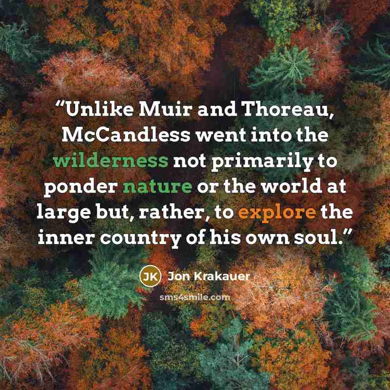 “Unlike Muir and Thoreau, McCandless went into the wilderness not primarily to ponder nature or the world at large but, rather, to explore the inner country of his own soul.” quote by Jon Krakauer
