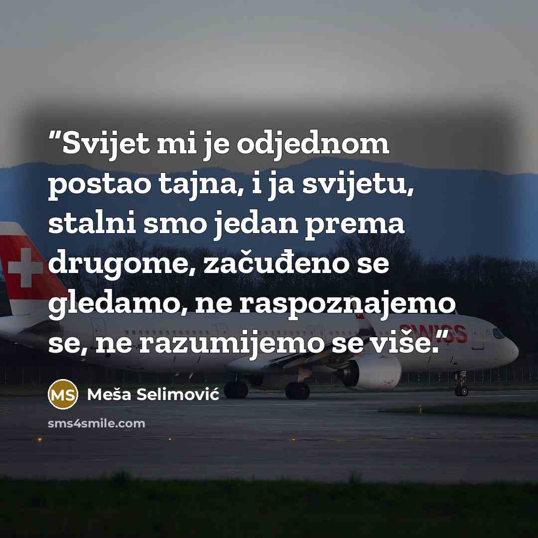 “Svijet mi je odjednom postao tajna, i ja svijetu, stalni smo jedan prema drugome, začuđeno se gledamo, ne raspoznajemo se, ne razumijemo se više.” quote by Meša Selimović