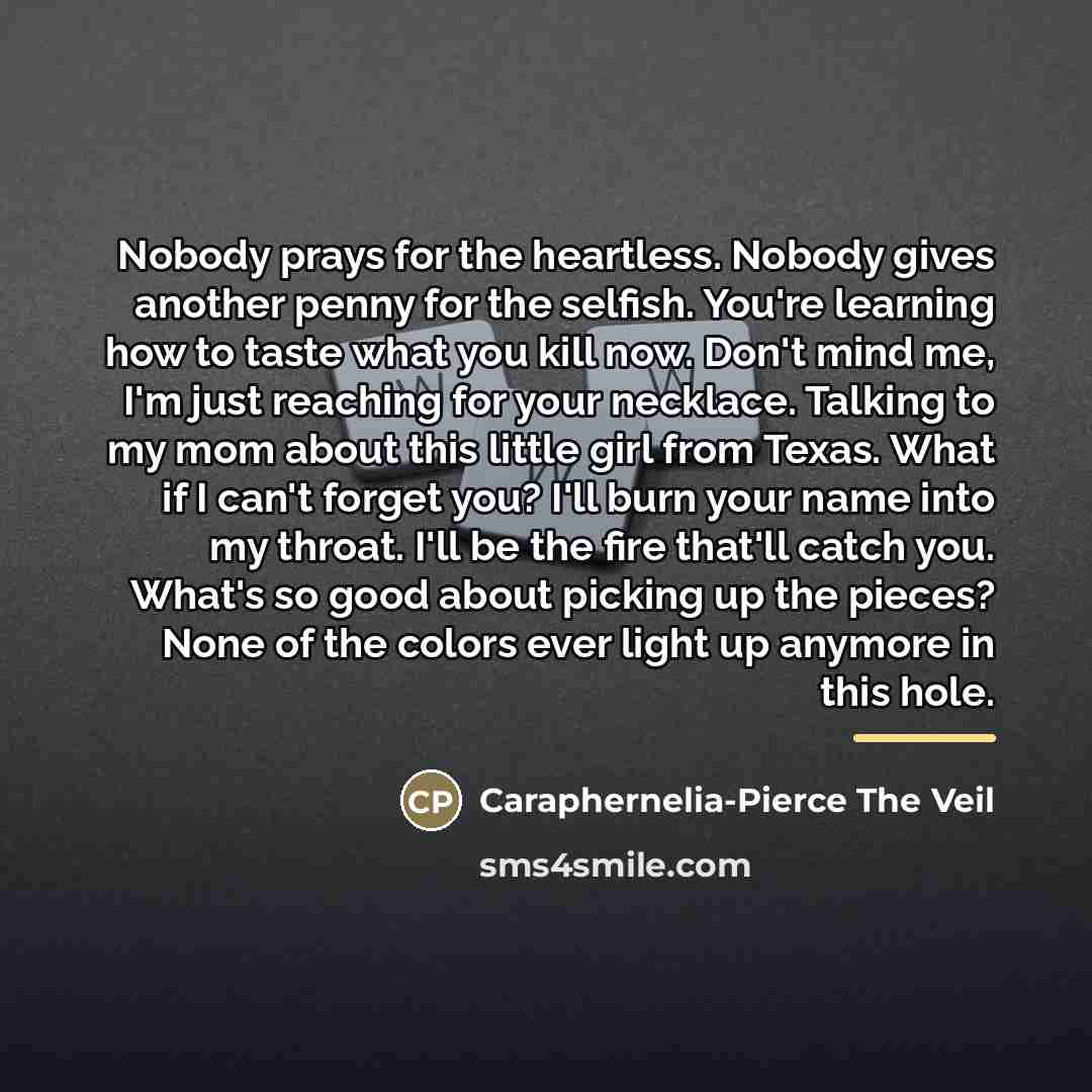 “Nobody prays for the heartless. Nobody gives another penny for…” quote by Caraphernelia-Pierce The Veil