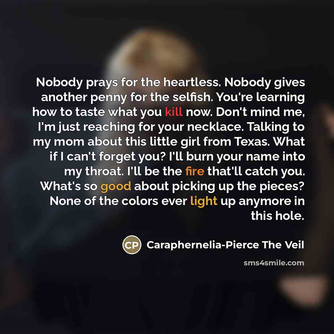 “Nobody prays for the heartless. Nobody gives another penny for the selfish. You're learning how to taste what you kill now. Don't mind me, I'm just reaching for your necklace. Talking to my mom about this little girl from Texas. What if I can't forget you? I'll burn your name into my throat. I'll…” quote by Caraphernelia-Pierce The Veil