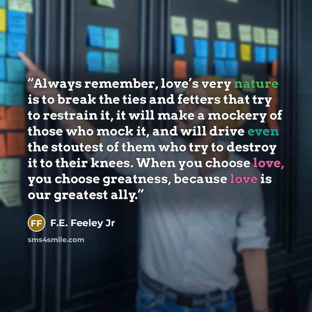 “Always remember, love’s very nature is to break the ties and fetters that try to restrain it, it will make a mockery of those who mock it, and will drive even the stoutest of them who try to destroy it to their knees. When you choose love, you choose greatness, because love is our greatest ally.” quote by F.E. Feeley Jr