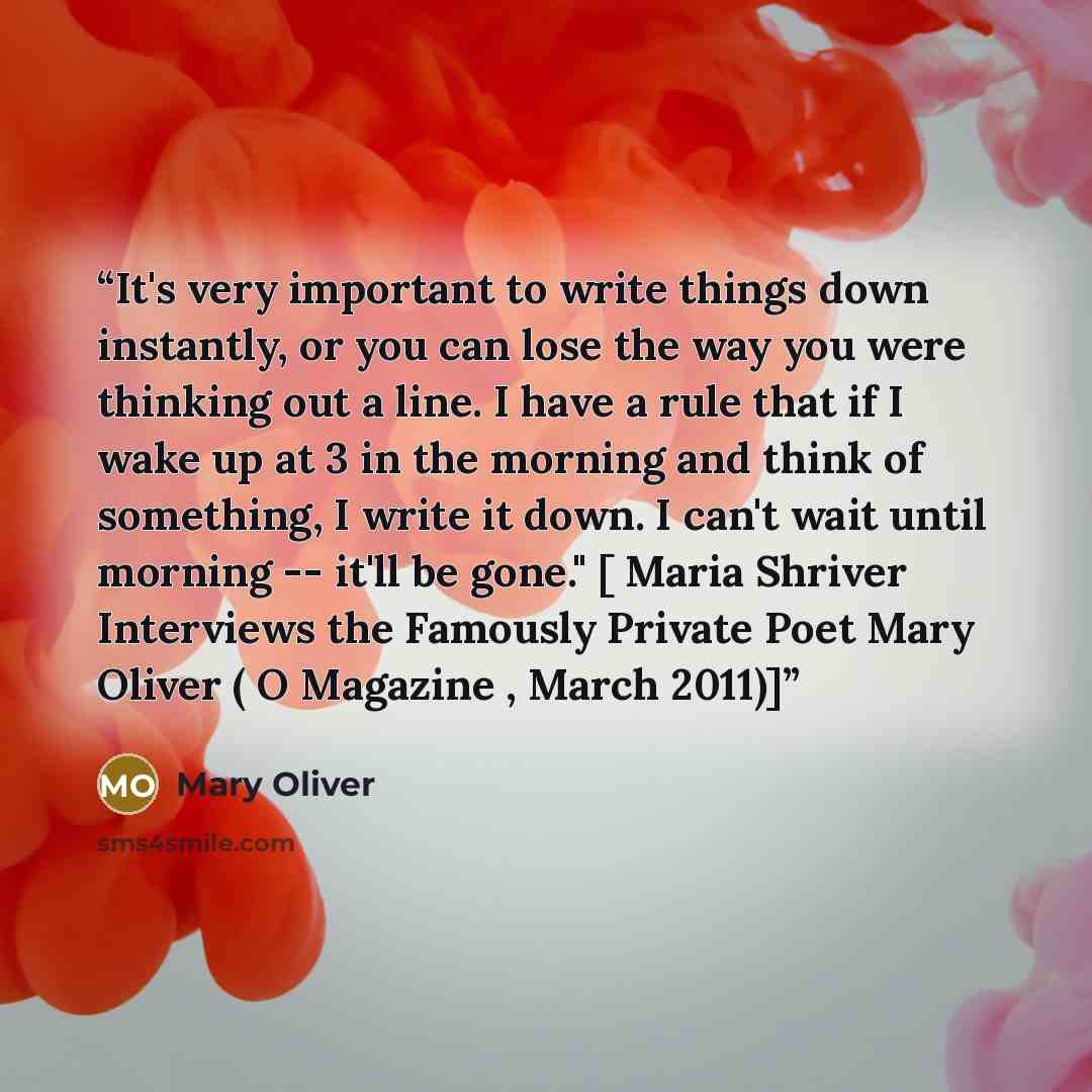 “It's very important to write things down instantly, or you can lose the way you were thinking out a line. I have a rule that if I wake up at 3 in the morning and think of something, I write it down. I can't wait until morning -- it'll be gone." [ Maria Shriver Interviews the Famously Private Poet…” quote by Mary Oliver
