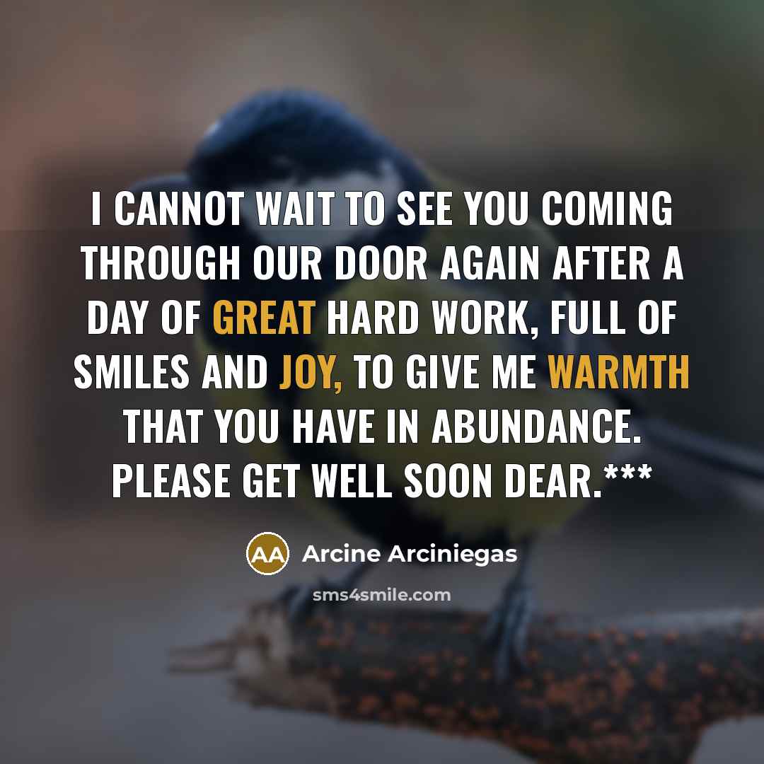 “I cannot wait to see you coming through our door again after a day of great hard work, full of smiles and joy, to give me warmth that you have in abundance. Please get well soon dear.***” quote by Arcine Arciniegas