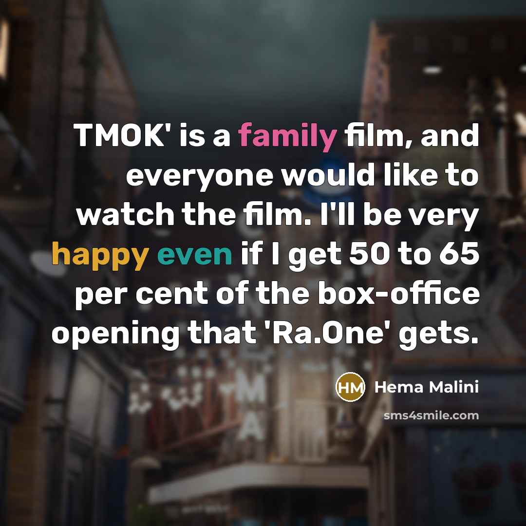 “TMOK' is a family film, and everyone would like to watch the film. I'll be very happy even if I get 50 to 65 per cent of the box-office opening that 'Ra.One' gets.” quote by Hema Malini