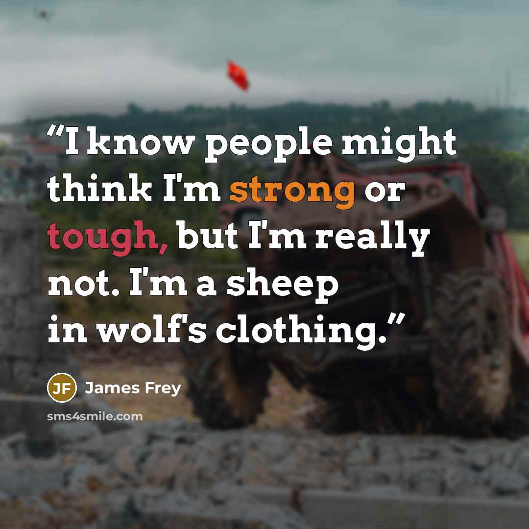 “I know people might think I'm strong or tough, but I'm really not. I'm a sheep in wolf's clothing.” quote by James Frey