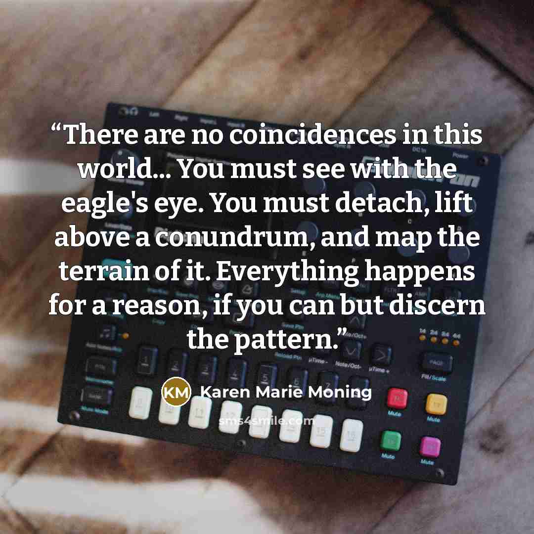 “There are no coincidences in this world... You must see with the eagle's eye. You must detach, lift above a conundrum, and map the terrain of it. Everything happens for a reason, if you can but discern the pattern.” quote by Karen Marie Moning