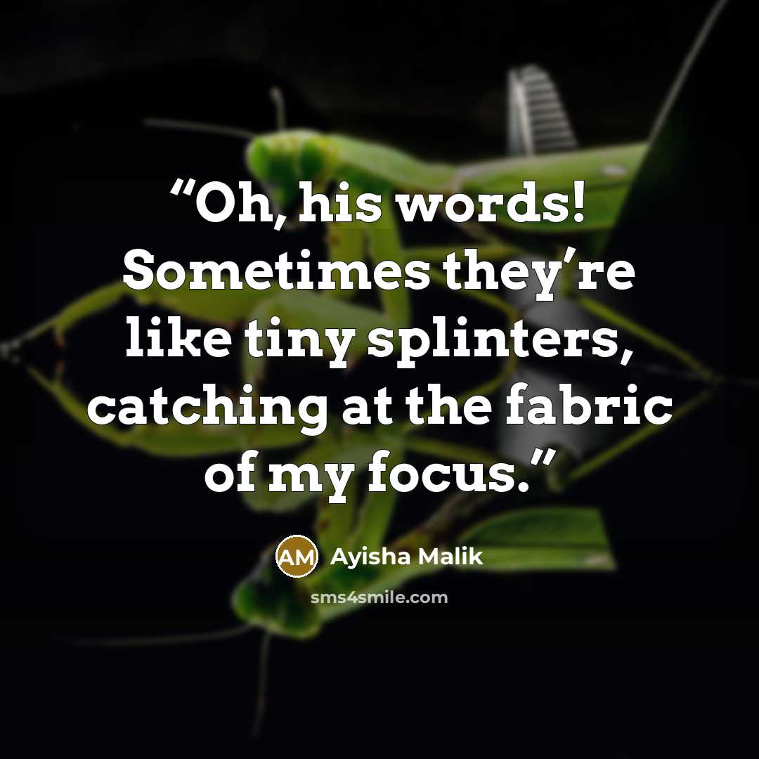“Oh, his words! Sometimes they’re like tiny splinters, catching at the fabric of my focus.” quote by Ayisha Malik