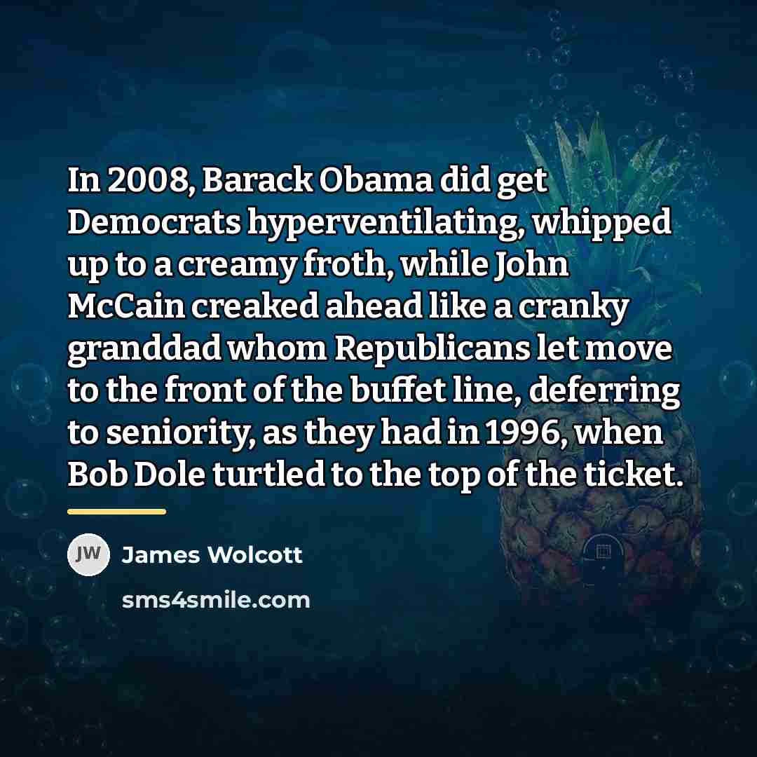 “In 2008, Barack Obama did get Democrats hyperventilating, whipped up…” quote by James Wolcott