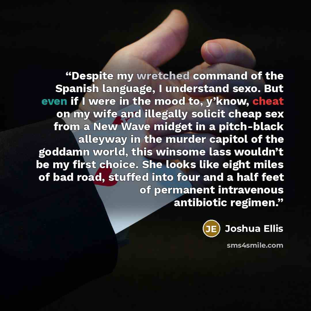 “Despite my wretched command of the Spanish language, I understand sexo. But even if I were in the mood to, y’know, cheat on my wife and illegally solicit cheap sex from a New Wave midget in a pitch-black alleyway in the murder capitol of the goddamn world, this winsome lass wouldn’t be my first…” quote by Joshua Ellis