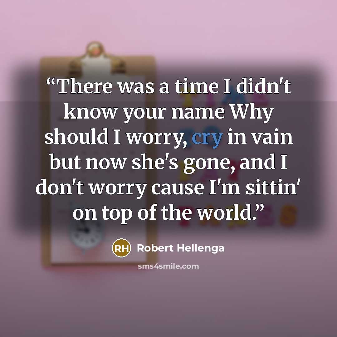 “There was a time I didn't know your name Why should I worry, cry in vain but now she's gone, and I don't worry cause I'm sittin' on top of the world.” quote by Robert Hellenga
