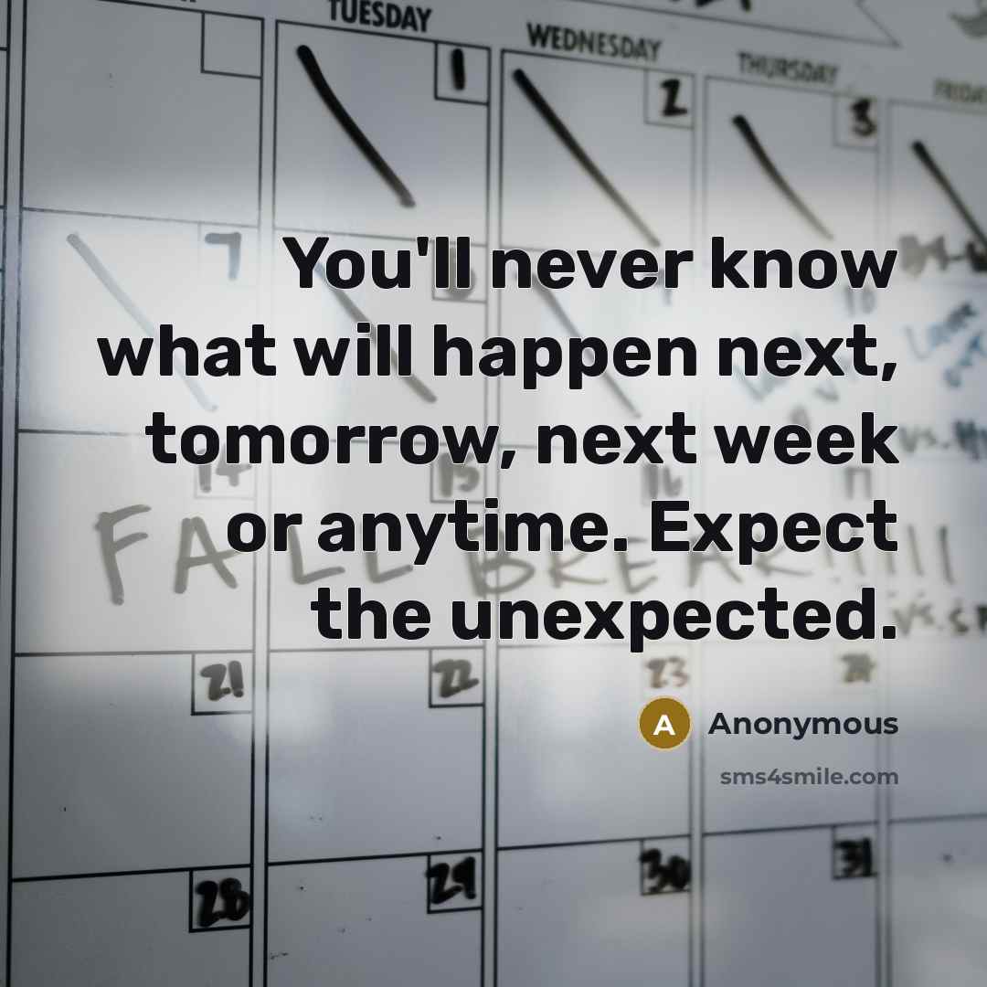 “You'll never know what will happen next, tomorrow, next week or anytime. Expect the unexpected.” quote by Anonymous