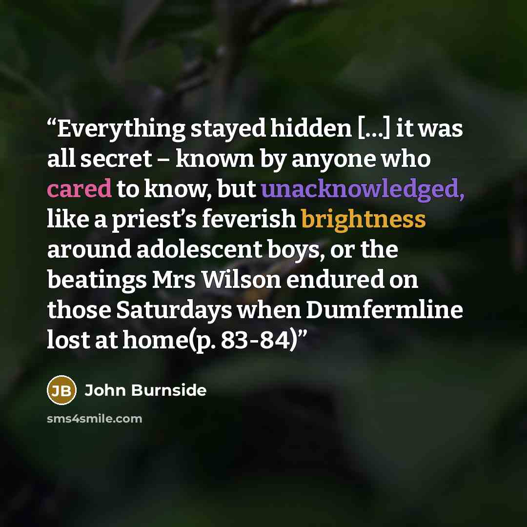 “Everything stayed hidden […] it was all secret – known by anyone who cared to know, but unacknowledged, like a priest’s feverish brightness around adolescent boys, or the beatings Mrs Wilson endured on those Saturdays when Dumfermline lost at home(p. 83-84)” quote by John Burnside