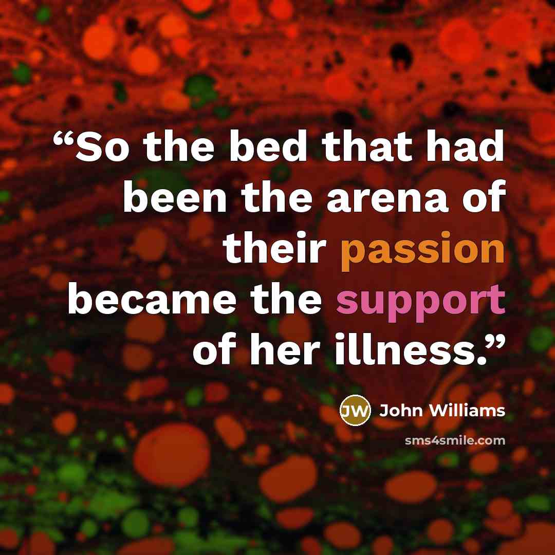 “So the bed that had been the arena of their passion became the support of her illness.” quote by John Williams