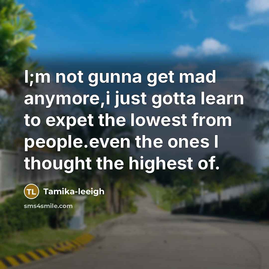 “I;m not gunna get mad anymore,i just gotta learn to expet the lowest from people.even the ones I thought the highest of.” quote by Tamika-leeigh