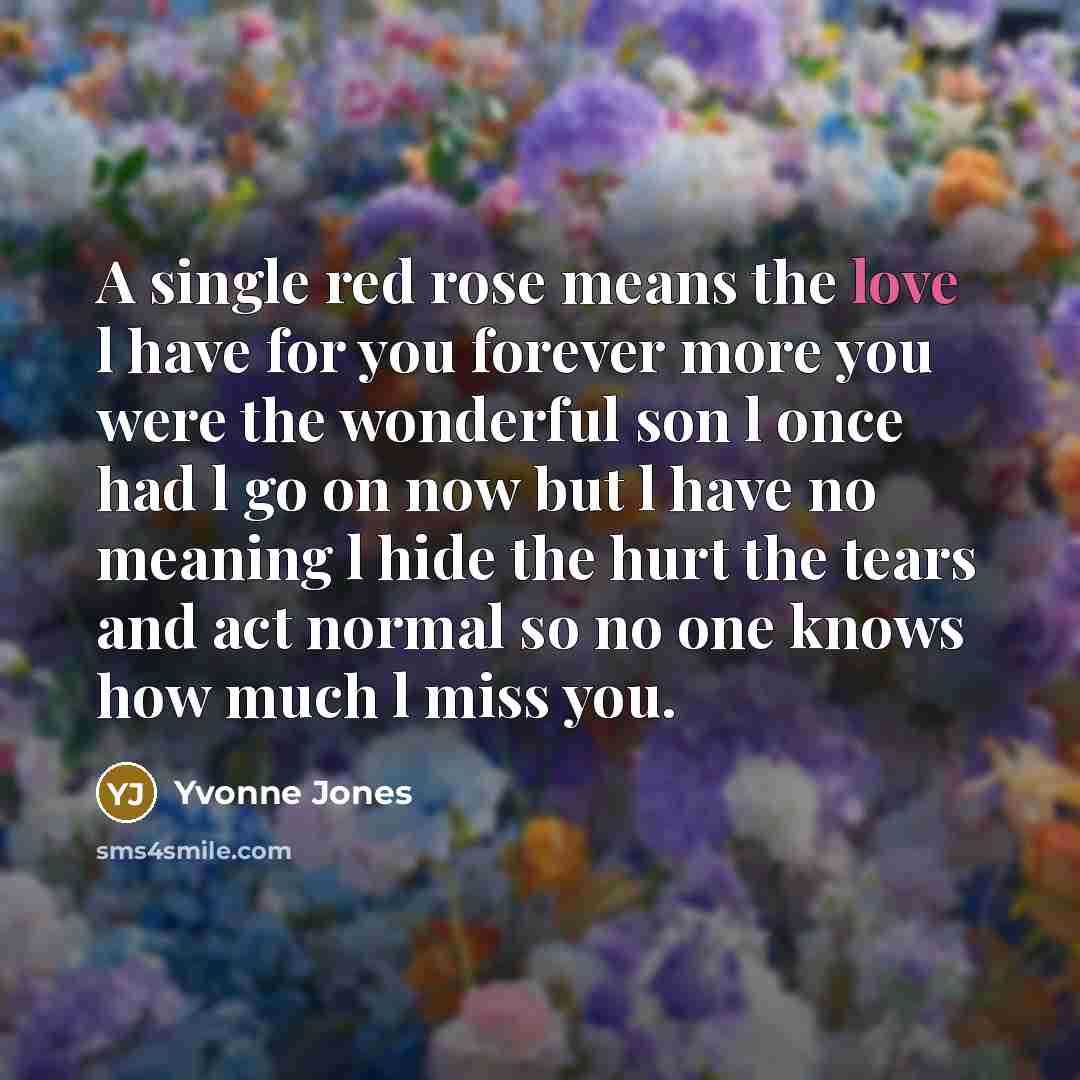 “A single red rose means the love l have for you forever more you were the wonderful son l once had l go on now but l have no meaning l hide the hurt the tears and act normal so no one knows how much l miss you.” quote by Yvonne Jones