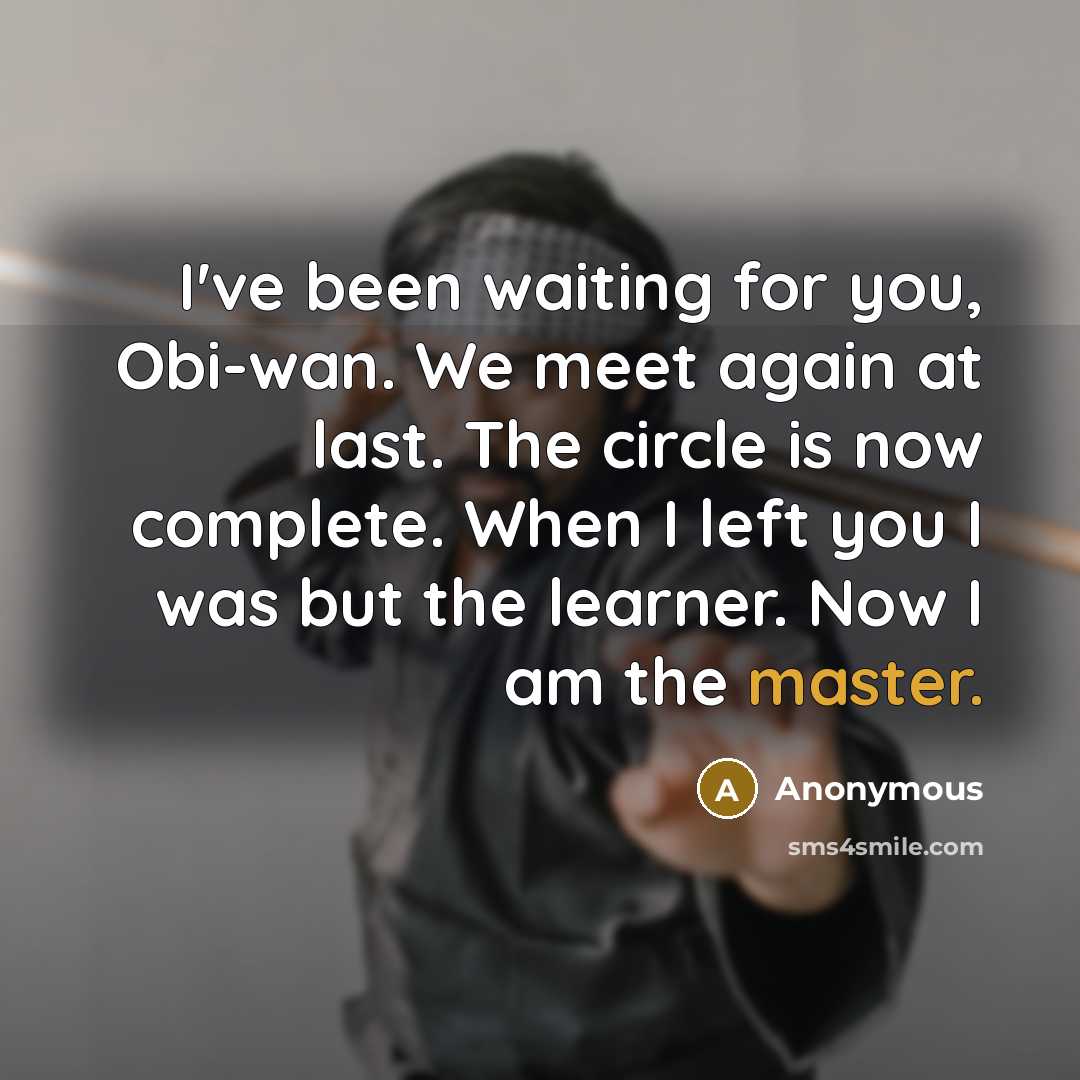 “I've been waiting for you, Obi-wan. We meet again at last. The circle is now complete. When I left you I was but the learner. Now I am the master.” quote by Anonymous