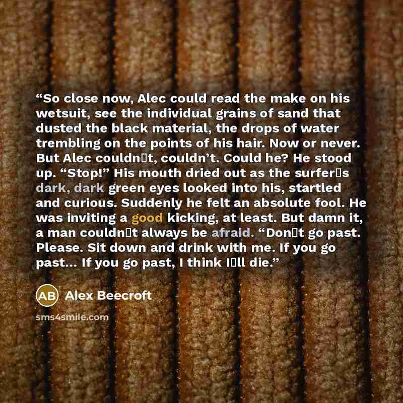 “So close now, Alec could read the make on his wetsuit, see the individual grains of sand that dusted the black material, the drops of water trembling on the points of his hair. Now or never. But Alec couldn‟t, couldn’t. Could he? He stood up. “Stop!” His mouth dried out as the surfer‟s dark, dark…” quote by Alex Beecroft