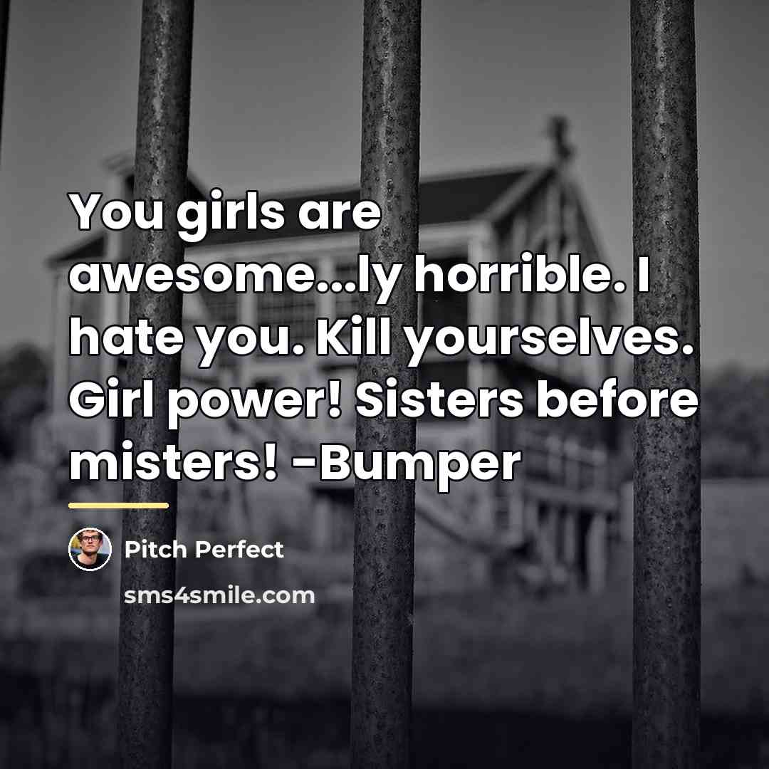 “You girls are awesome...ly horrible. I hate you. Kill yourselves.…” quote by Pitch Perfect