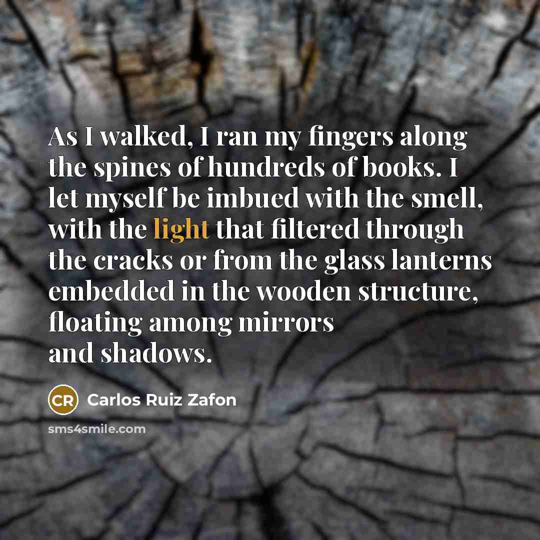 “As I walked, I ran my fingers along the spines…” quote by Carlos Ruiz Zafon