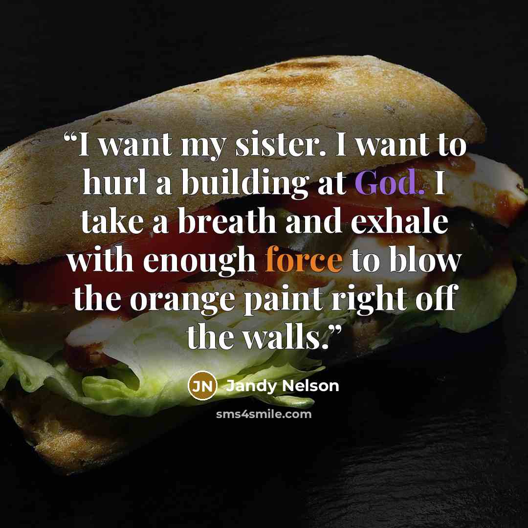 “I want my sister. I want to hurl a building at God. I take a breath and exhale with enough force to blow the orange paint right off the walls.” quote by Jandy Nelson