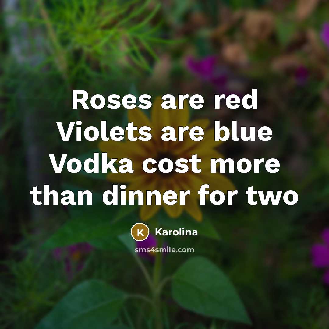 “Roses are red Violets are blue Vodka cost more than dinner for two” quote by Karolina