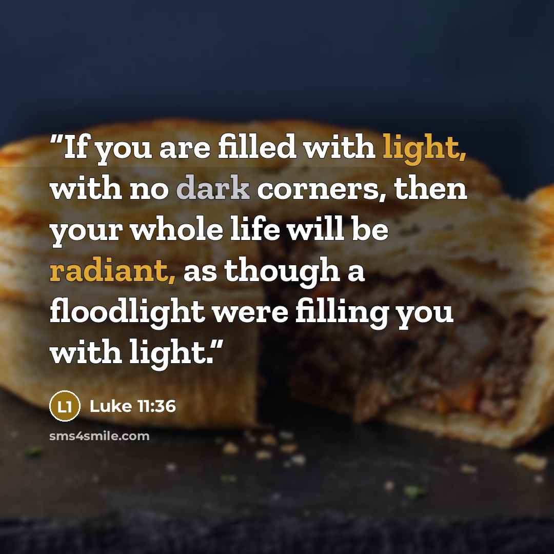 “If you are filled with light, with no dark corners, then your whole life will be radiant, as though a floodlight were filling you with light.” quote by Luke 11:36