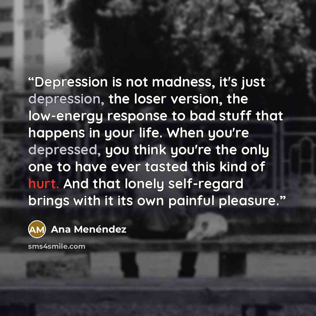 “Depression is not madness, it's just depression, the loser version, the low-energy response to bad stuff that happens in your life. When you're depressed, you think you're the only one to have ever tasted this kind of hurt. And that lonely self-regard brings with it its own painful pleasure.” quote by Ana Menendez