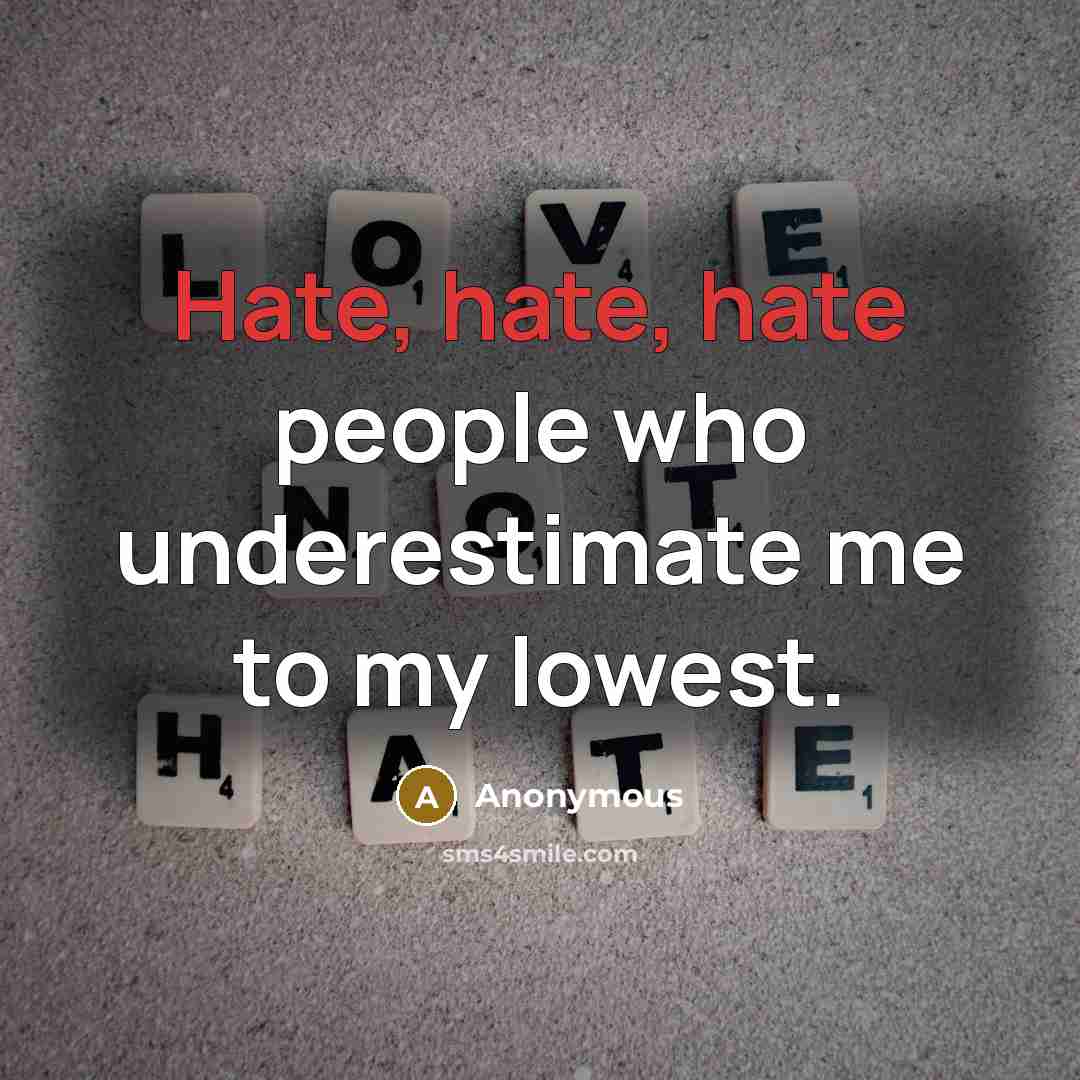 “Hate, hate, hate people who underestimate me to my lowest.” quote by Anonymous