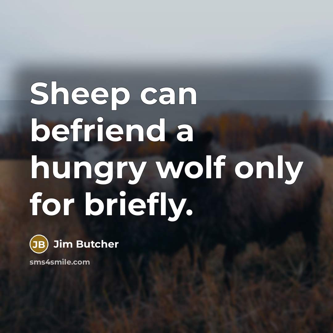 “Sheep can befriend a hungry wolf only for briefly.…” quote by Jim Butcher