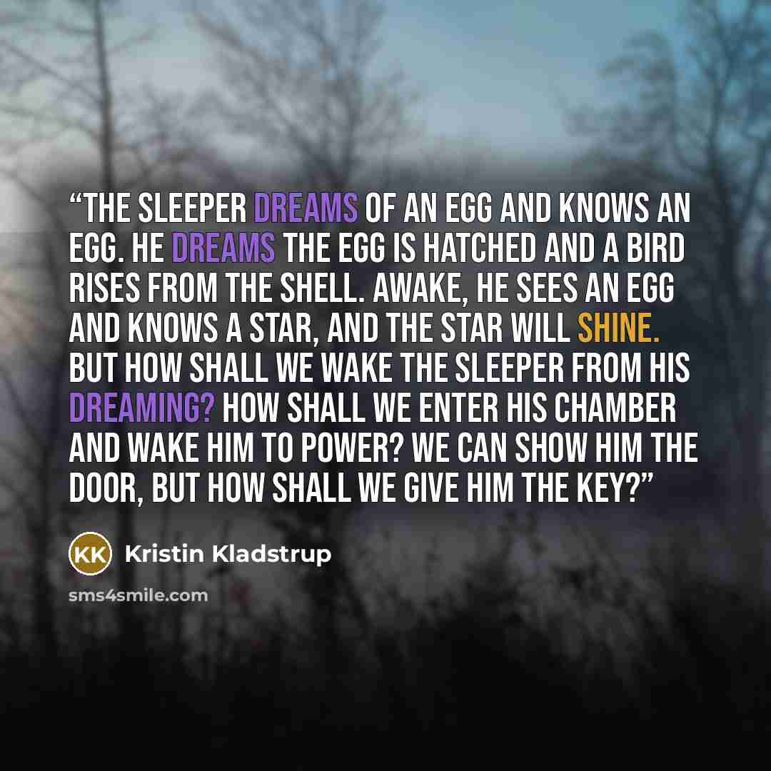 “The sleeper dreams of an egg and knows an egg. He dreams the egg is hatched and a bird rises from the shell. Awake, he sees an egg and knows a star, and the star will shine. But how shall we wake the sleeper from his dreaming? How shall we enter his chamber and wake him to power? We can show him…” quote by Kristin Kladstrup