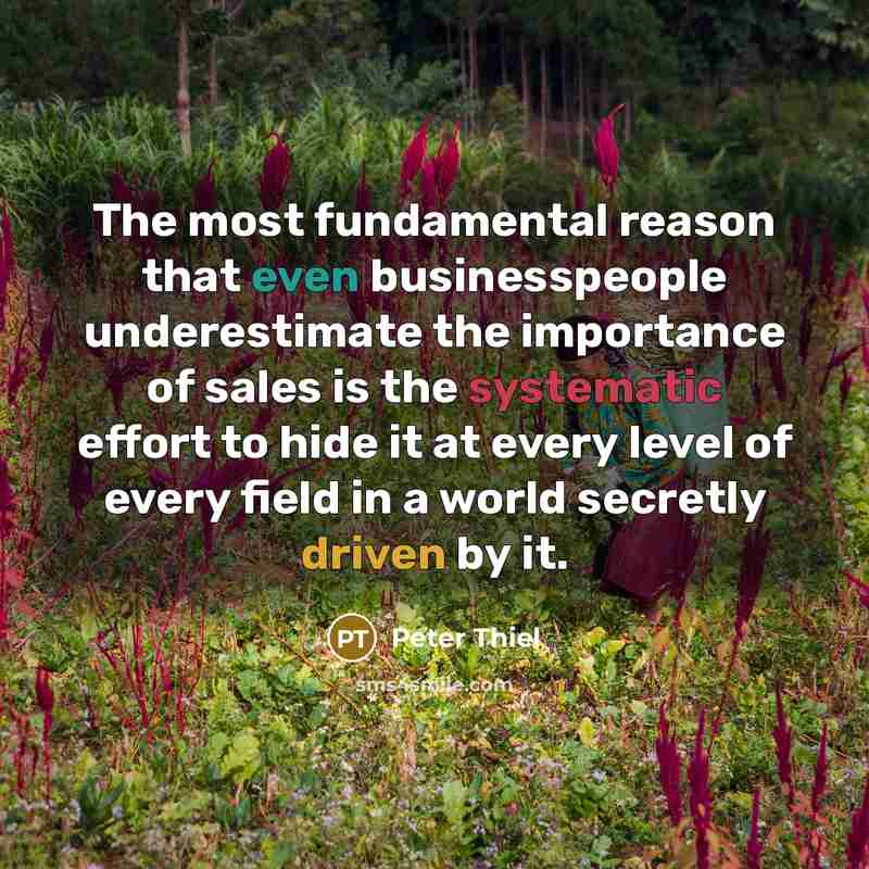 “The most fundamental reason that even businesspeople underestimate the importance of sales is the systematic effort to hide it at every level of every field in a world secretly driven by it.” quote by Peter Thiel