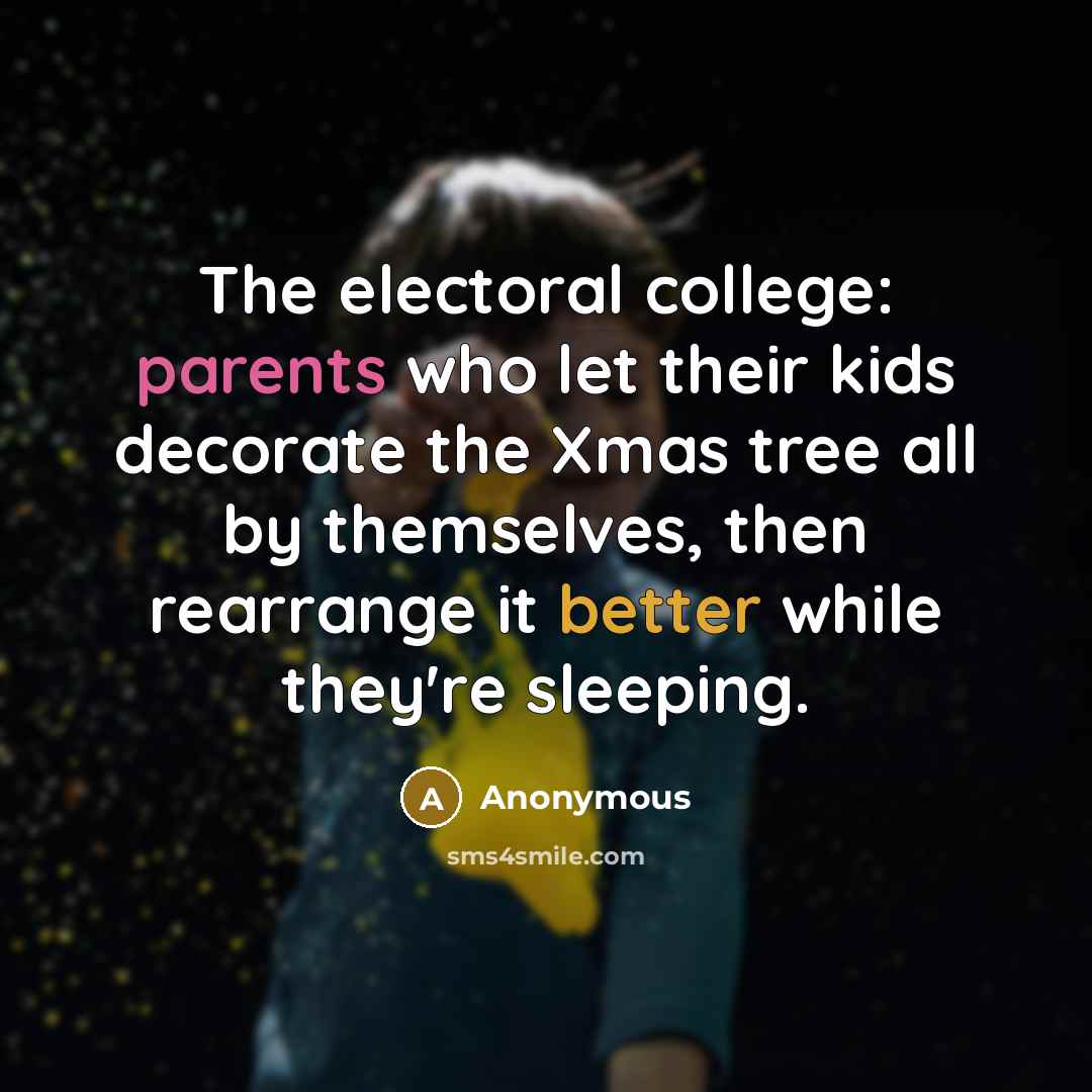 “The electoral college: parents who let their kids decorate the Xmas tree all by themselves, then rearrange it better while they're sleeping.” quote by Anonymous