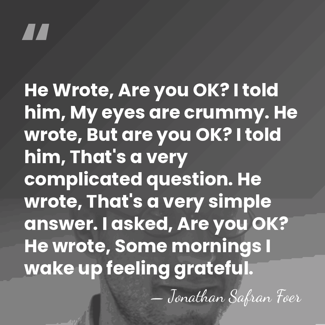 He Wrote, Are you OK? I told him, My eyes are crummy.&hellip; - Jonathan Safran Foer
