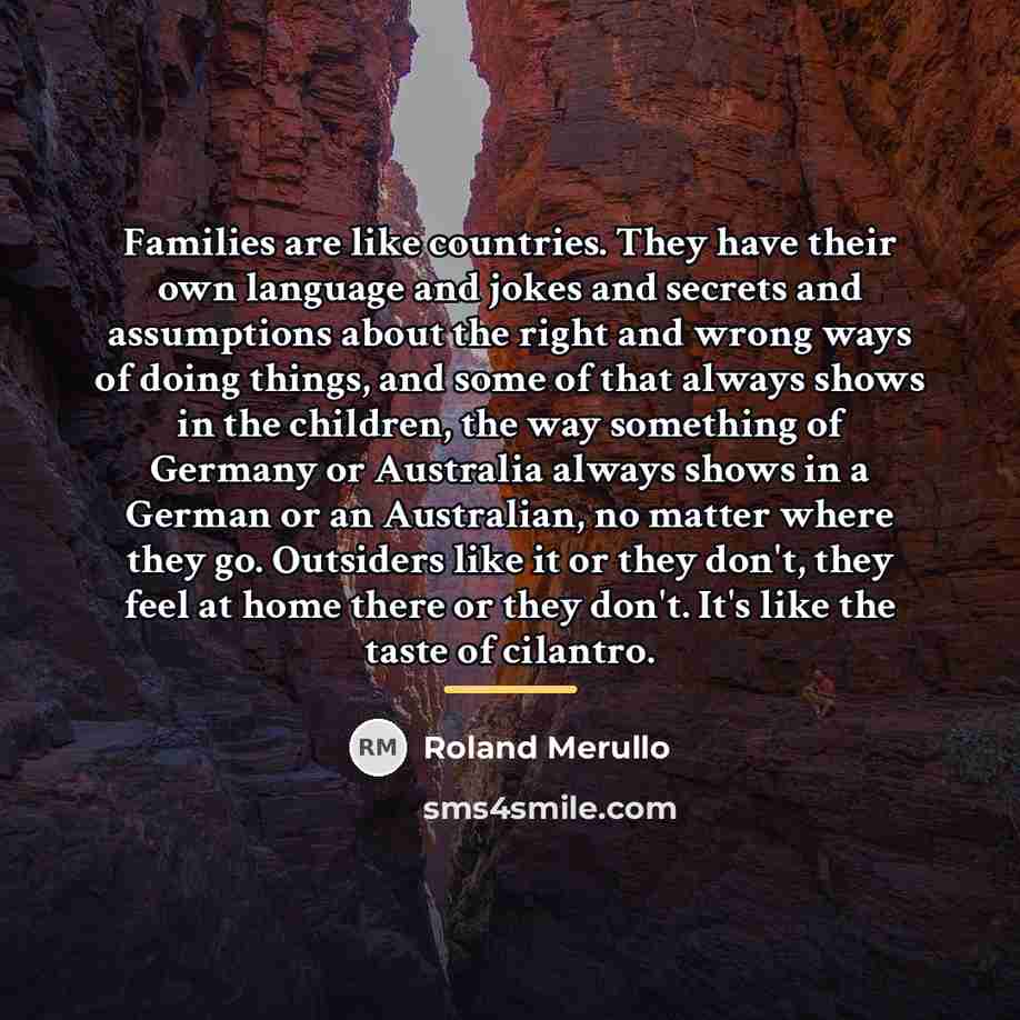 “Families are like countries. They have their own language and…” quote by Roland Merullo
