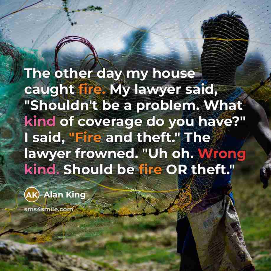 “The other day my house caught fire. My lawyer said,…” quote by Alan King