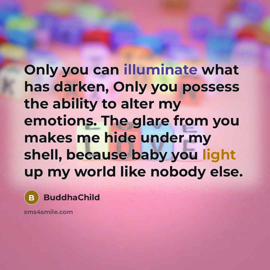 “Only you can illuminate what has darken, Only you possess the ability to alter my emotions. The glare from you makes me hide under my shell, because baby you light up my world like nobody else.” quote by BuddhaChild