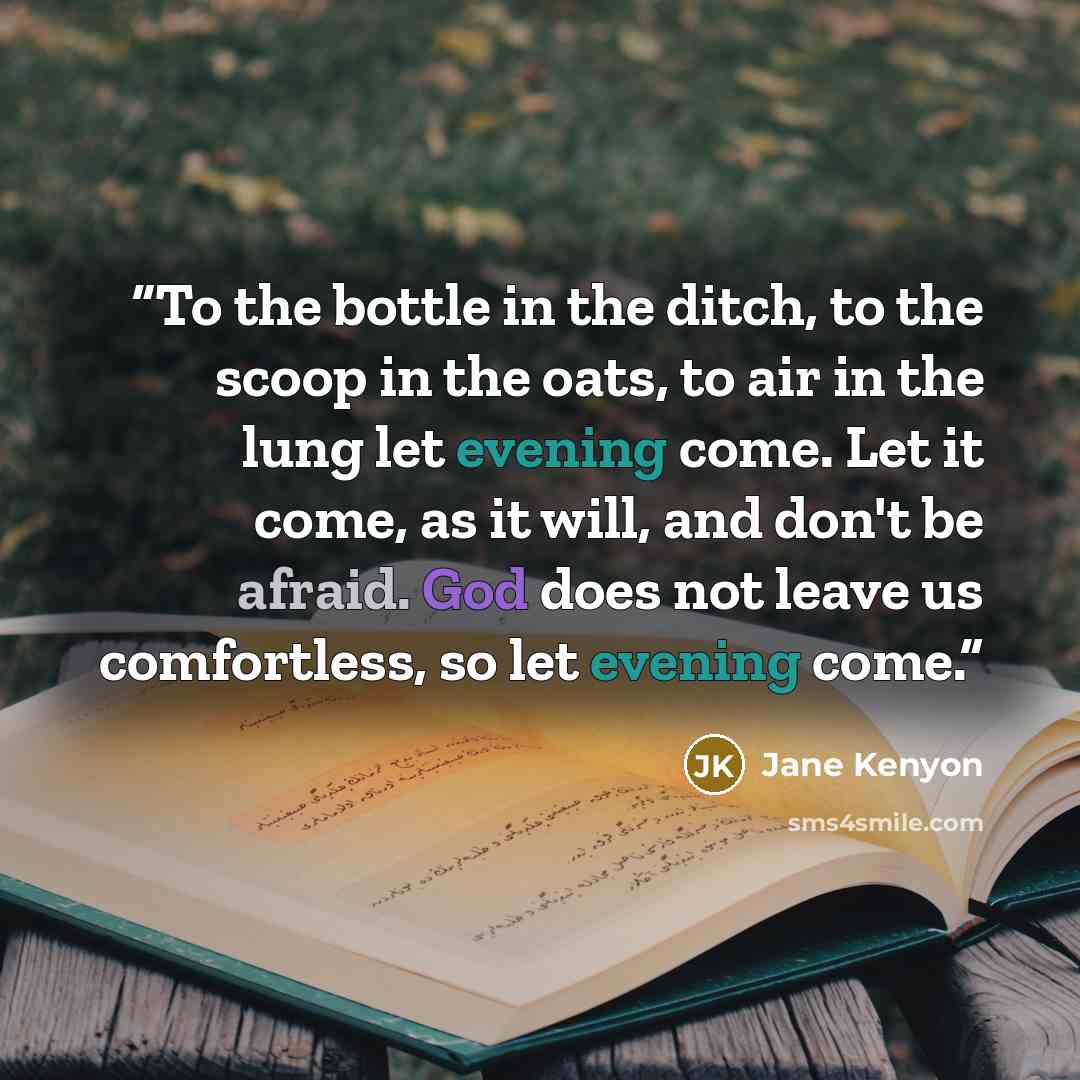 “To the bottle in the ditch, to the scoop in the oats, to air in the lung let evening come. Let it come, as it will, and don't be afraid. God does not leave us comfortless, so let evening come.” quote by Jane Kenyon