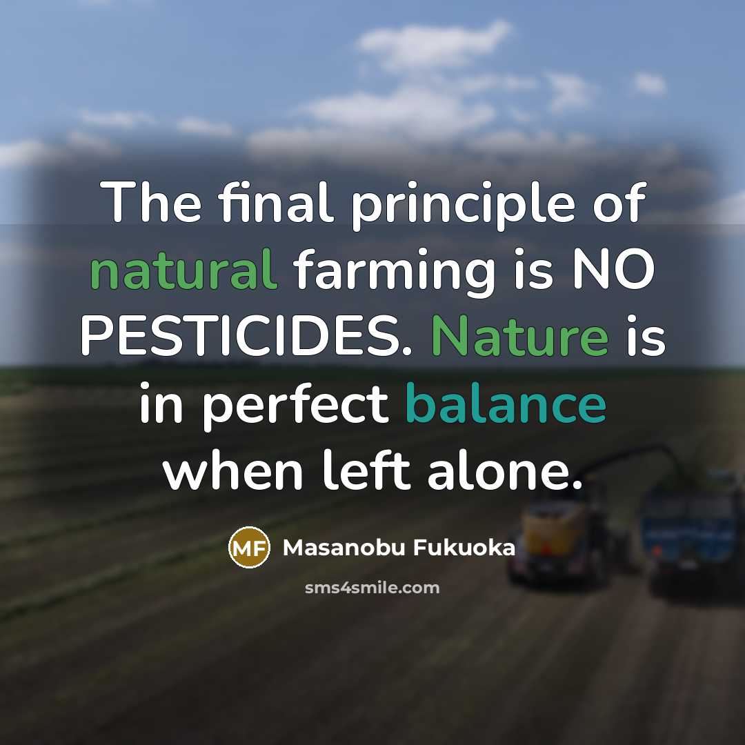“The final principle of natural farming is NO PESTICIDES. Nature…” quote by Masanobu Fukuoka